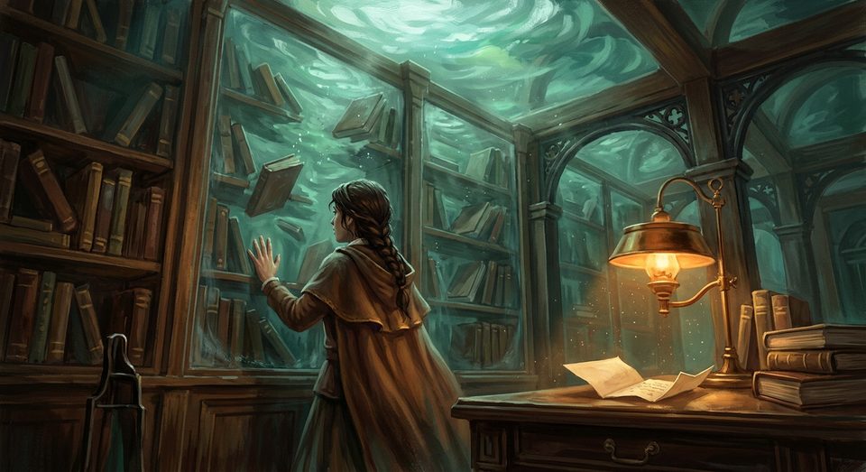Illustration de chapitre : la bibliothèque immergée du Verger de verre, générée par Turnleaves